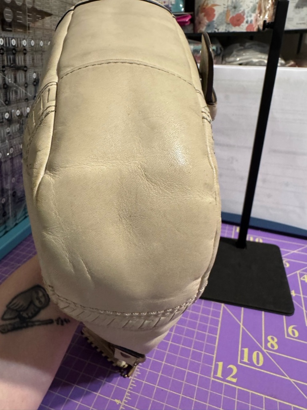 Coach Poppy Cream Leather Whipstitch Braided-Handle Flap Hobo Shoulder Bag - Picture 8 of 10